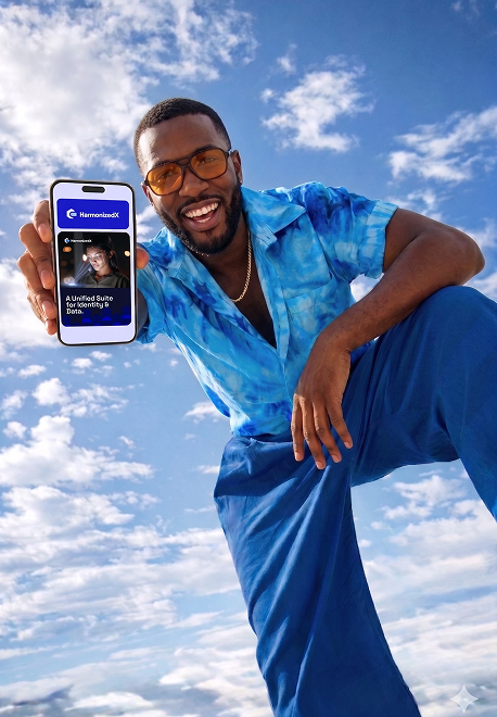 HXL team member smiling while holding a phone outdoors against a bright sky